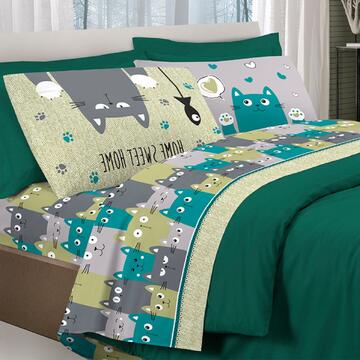 Telo Arredo 1 Piazza Happy Cats Verde 100% Cotone Made in Italy 170x280cm - Savoltex Marino fa Mercato