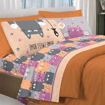 Telo Arredo 1 Piazza Happy Cats Arancio 100% Cotone Made in Italy 170x280cm - Savoltex