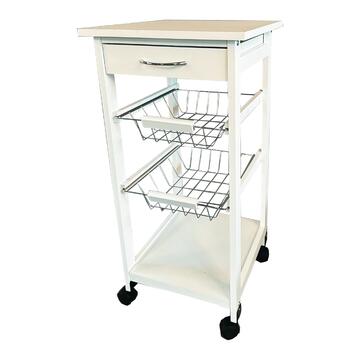 Carrello da Cucina in Legno Bianco con Ruote, 2 Cestelli + 1 Cassetto e Vano Inferiore 37x76x37cm