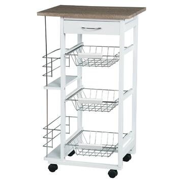 Carrello da Cucina in Legno Bianco con Ruote, 3 Cestelli + Cassetto e Vano Spezie 47x83,5x37cm