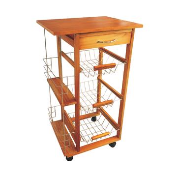 Carrello da Cucina in Legno Miele con Ruote, 3 Cestelli + Cassetto e Vano Spezie 47x83,5x37cm