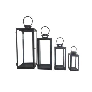 Set 4 Lanterne Metallo/Vetro Nero Diverse Misure per Candele