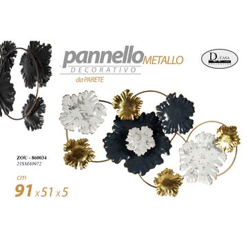 Quadro Metallo Decorativo con Fiori combinazione Oro/Bianco/Grafite 91x51x4,4cm