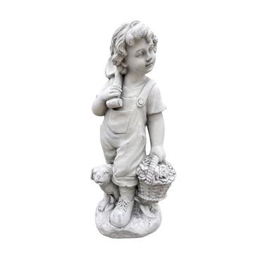 Statua da Giardino Bambino con Cane in Argilla Fibrosa Simil Pietra 27,5x60,5x23cm