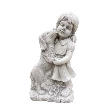 Statua da Giardino Bambina con Cane in Argilla Fibrosa Simil Pietra 35x60,5x21cm